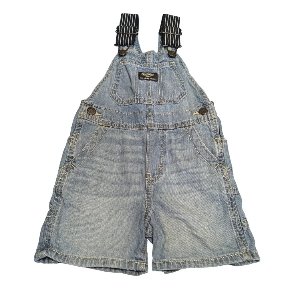 OshKosh B'gosh Baby 2T Denim Shortalls Light Blue Wash Cargo Short Overalls Bib